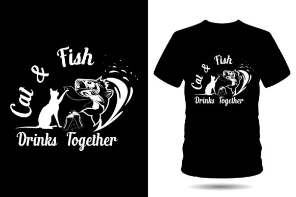Cat Fish Drinks Together Tshirt Design Graphics